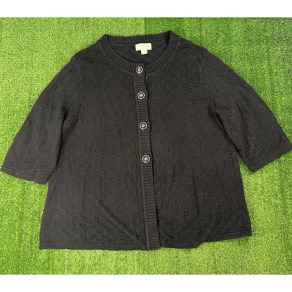 CJ Banks Black Basketweave Knit Button Front Cardigan 3/4 Sleeve Plus Size 2X